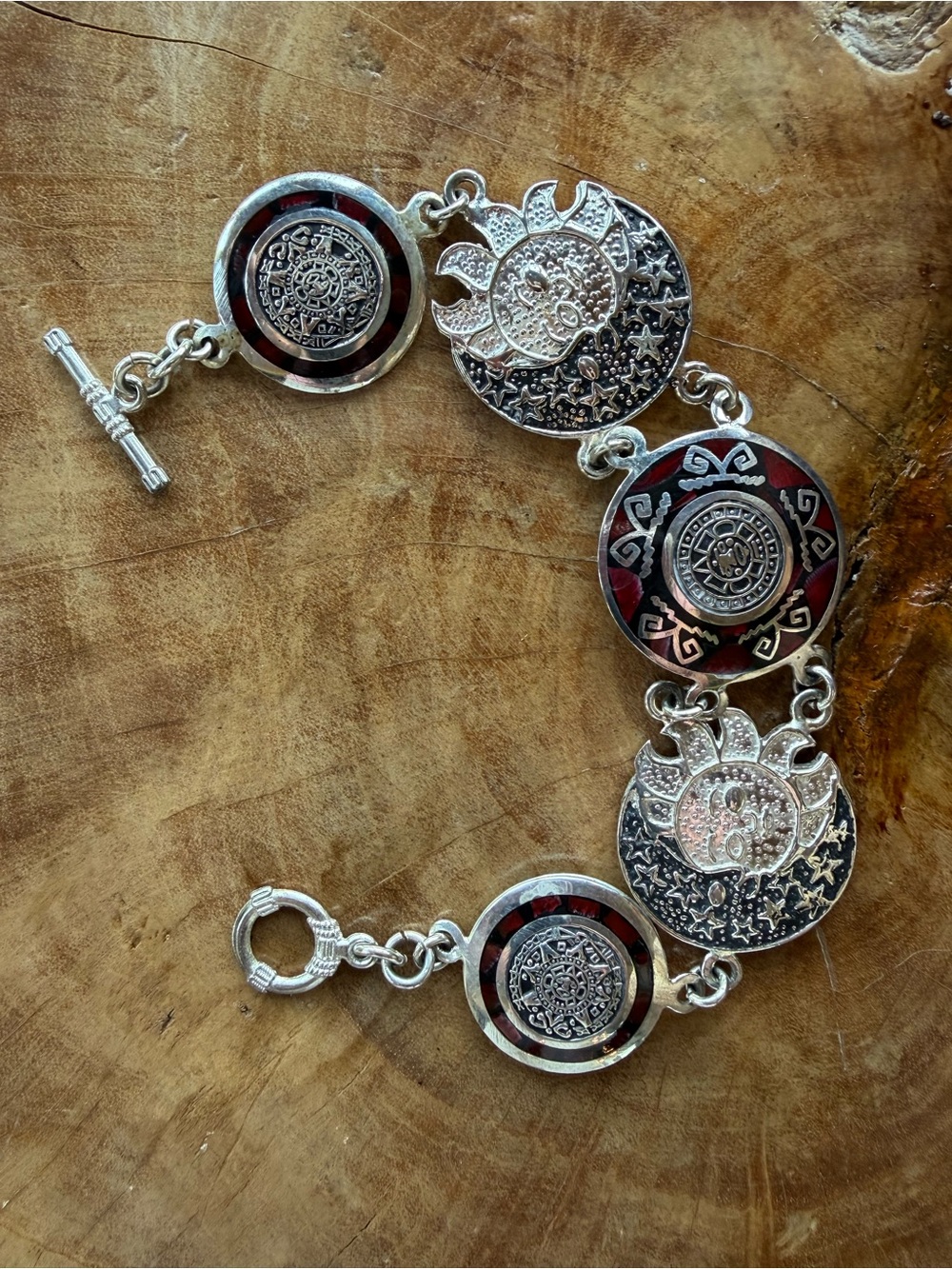 925 Silver Red Enamel Aztec Medallion Bracelet